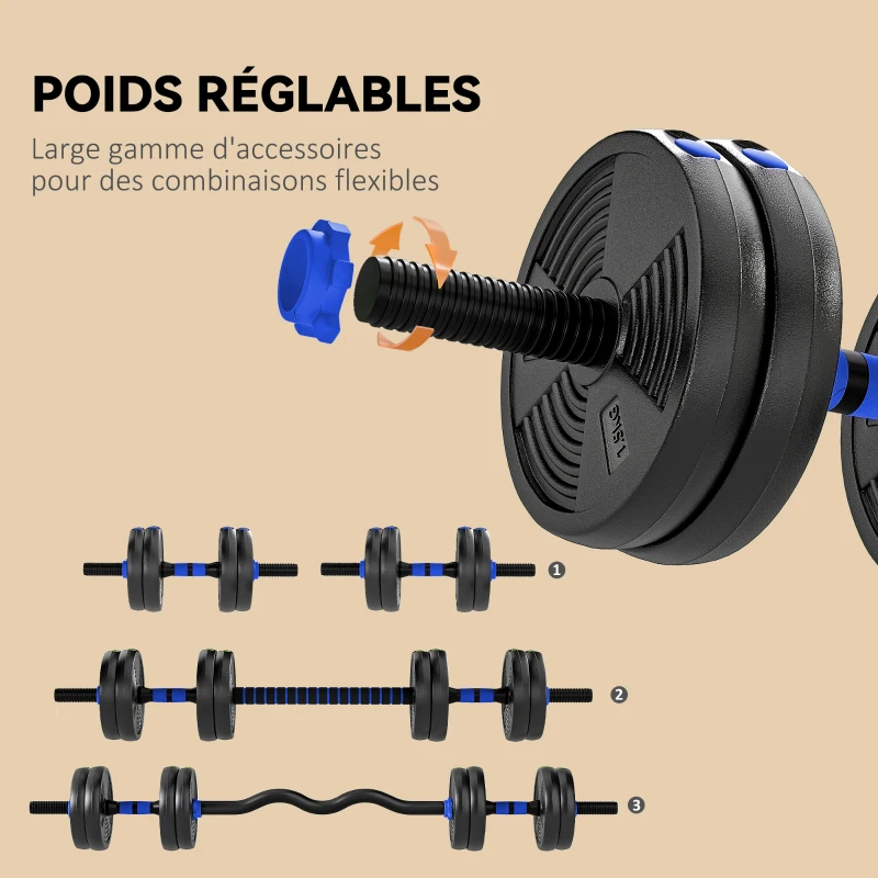 SPORTNOW Kit haltères musculation haltères réglables 15 kg 3 en 1, ensemble de poids réglable avec barre d'extension noir