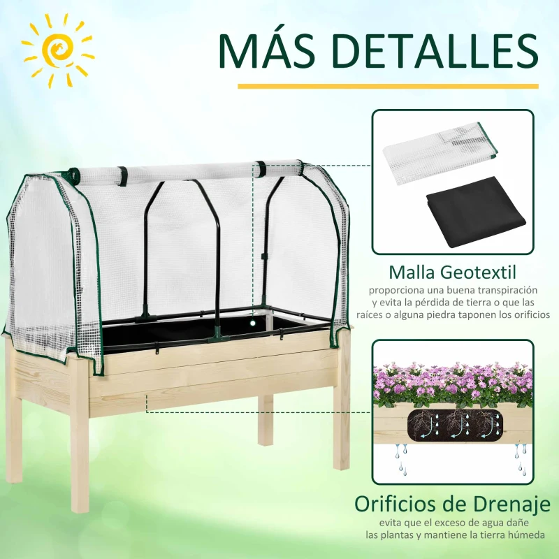 Outsunny Huerto Urbano Elevado de Madera 121x55x117 cm con Cubierta de Protección Mesa de Jardinera para Cultivo Flores Vegetales en Jardín Terraza Color Natural