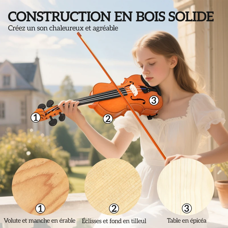 HOMCOM Violon 4/4 ensemble de violon en bois massif pour adultes et débutants avec étui léger et portable 60 x 21 cm marron