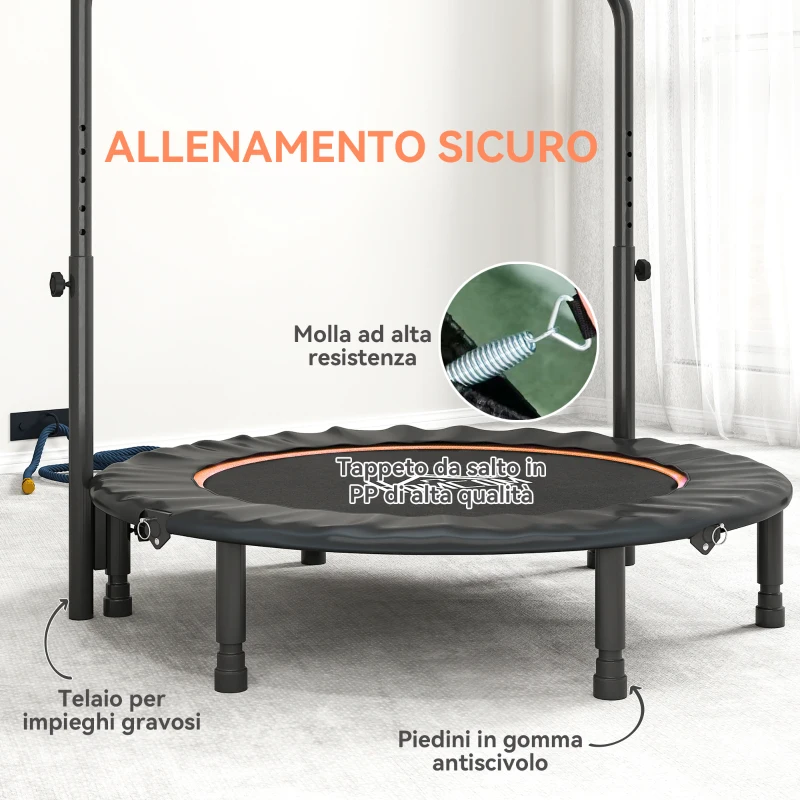 HOMCOM Mini Trampolino Fitness Ø114 cm Pieghevole con Manubrio Regolabile in Altezza, Arancione e Nero