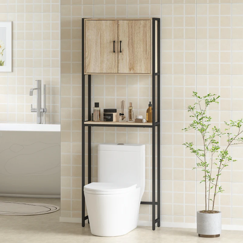 kleankin Étagère de toilettes meuble de salle de bain dessus toilette WC avec placard 2 portes et étagère ouverte