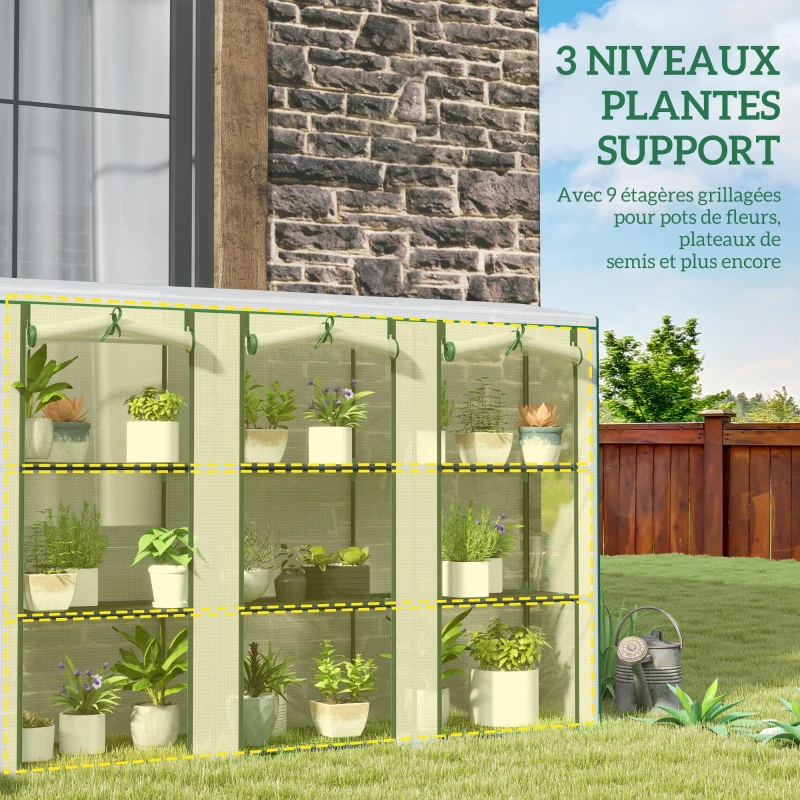 Outsunny Serre de jardin avec étagères à 3 niveaux serre de balcon 3 portes enroulables zippées 215 x 46 x 151 cm blanc