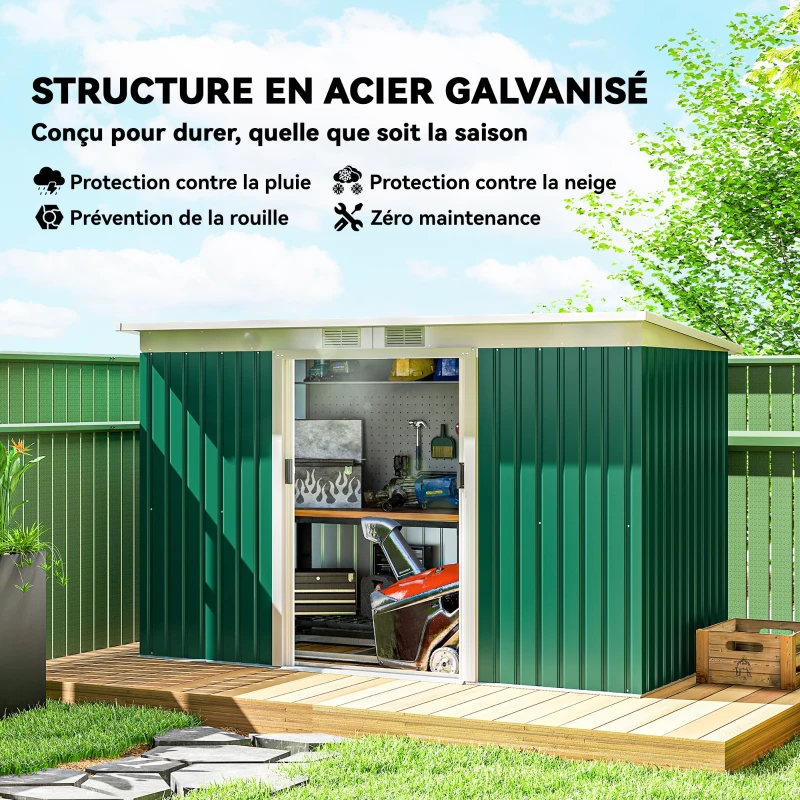 Outsunny Abri de jardin 3,6 m² 280 x 130 x 172 cm kit de fondation porte coulissante ventilations acier galvanisé vert foncé