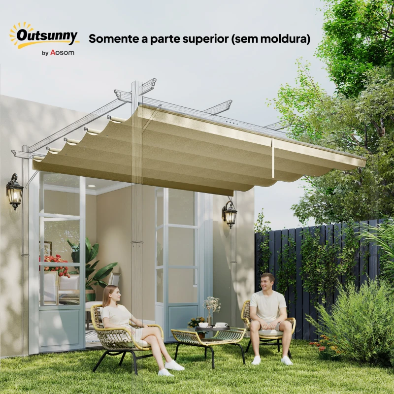 Outsunny Teto de Pérgola 3,5x2,6 m Teto de Substituição Retrátil para Estrutura de Pérgola de 4x3 m Tcom 10 Orifícios de Drenagem Bege