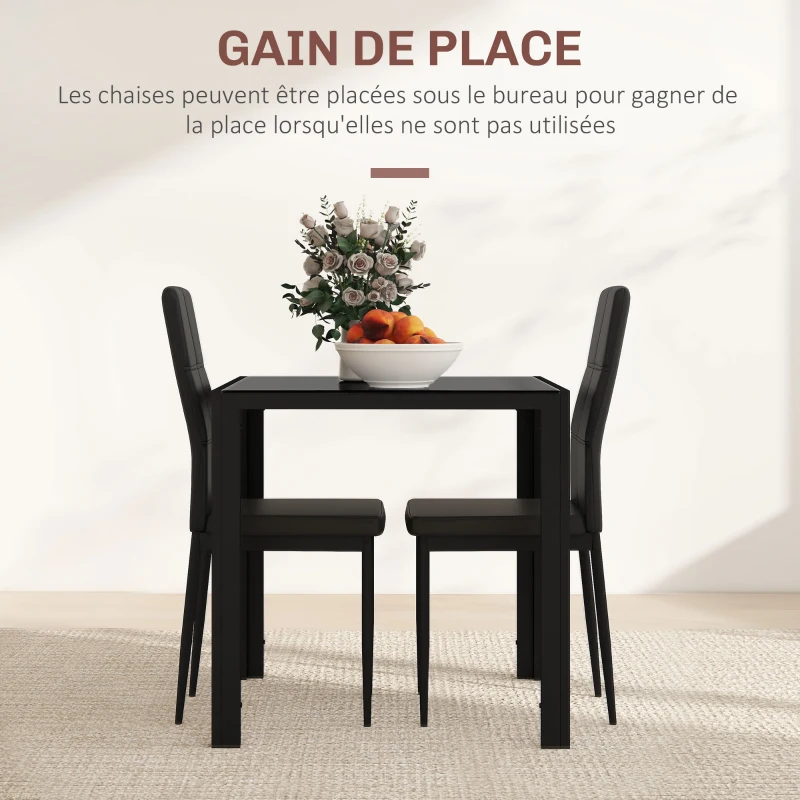 HOMCOM Ensemble table à manger et chaises pour 2 personnes, plateau rectangulaire en verre, pour cuisine salon maison, noir