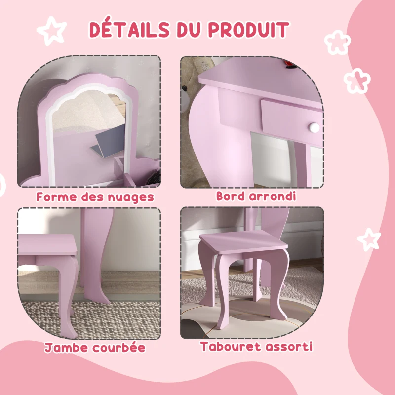 ZONEKIZ Coiffeuse pour enfant avec tabouret et miroir, table de maquillage avec tiroir et 2 compartiments, 55x36x86cm, rose