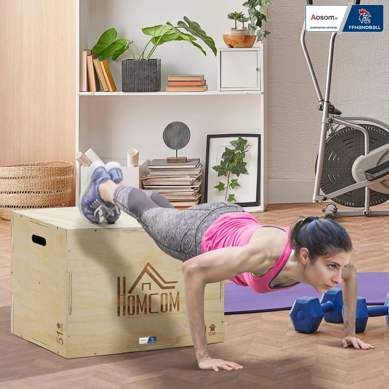 Box jump pliométrie 3 en 1 - Collaboration Aosom.fr x FFHandball - saut musculation fitness 61x51x76cm bois
