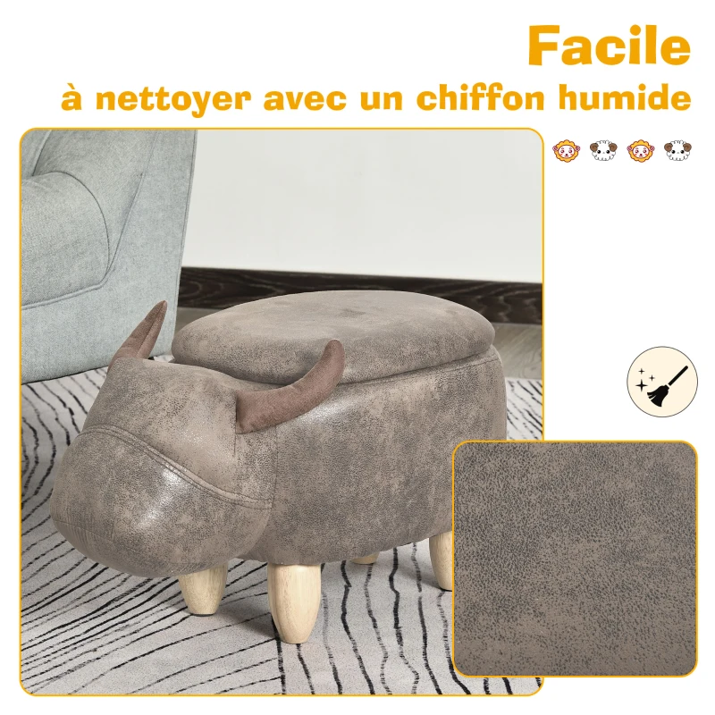 HOMCOM Tabouret Vache - Pouf Vachette - Pouf Taureau Coffre de Rangement 2 en 1 - Pieds Bois d'hévéa revêtement synthétique Aspect Daim Vieilli Marron