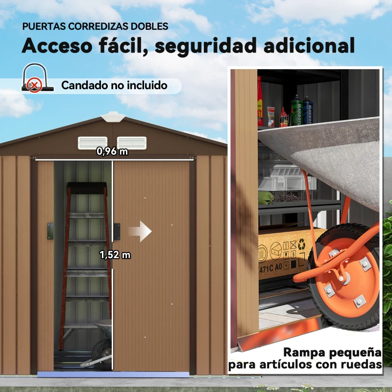 Outsunny Caseta de Jardín 213x130x185 cm Cobertizo Metálico de Exterior para Almacenamiento de Herramientas Caqui