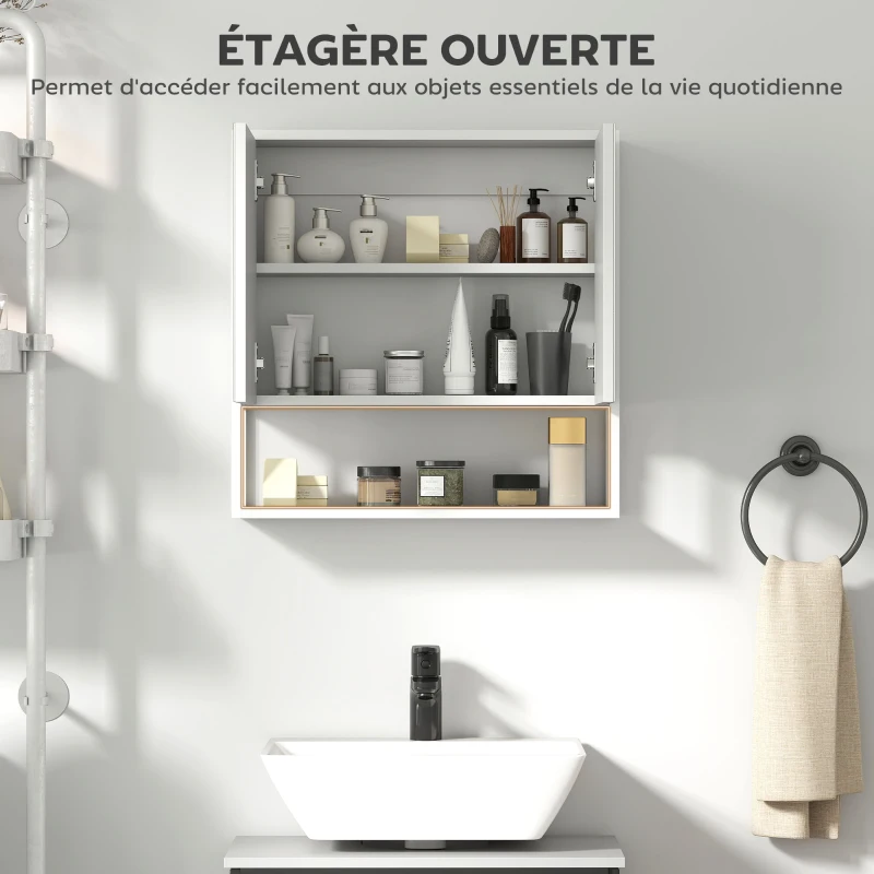HOMCOM Armoire murale salle de bain avec miroir, meuble salle de bain, 2 portes miroir, étagère ouverte 60 x 16 x 60 cm blanc