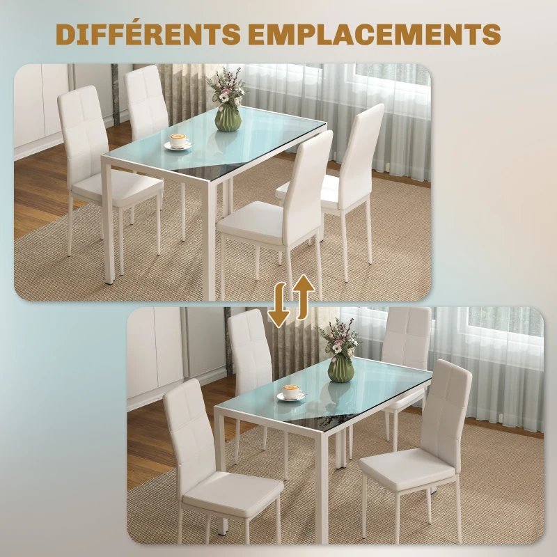 HOMCOM Ensemble table à manger et chaises pour 4 personnes, plateau rectangulaire en verre, pour cuisine salon maison, blanc