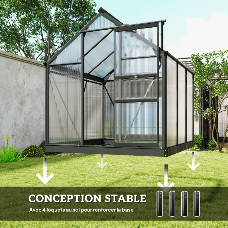 Outsunny Serre de jardin polycarbonate 3,65m² 190 x 192 x 201 cm résistant aux UV fondation renforcé gouttière Gris