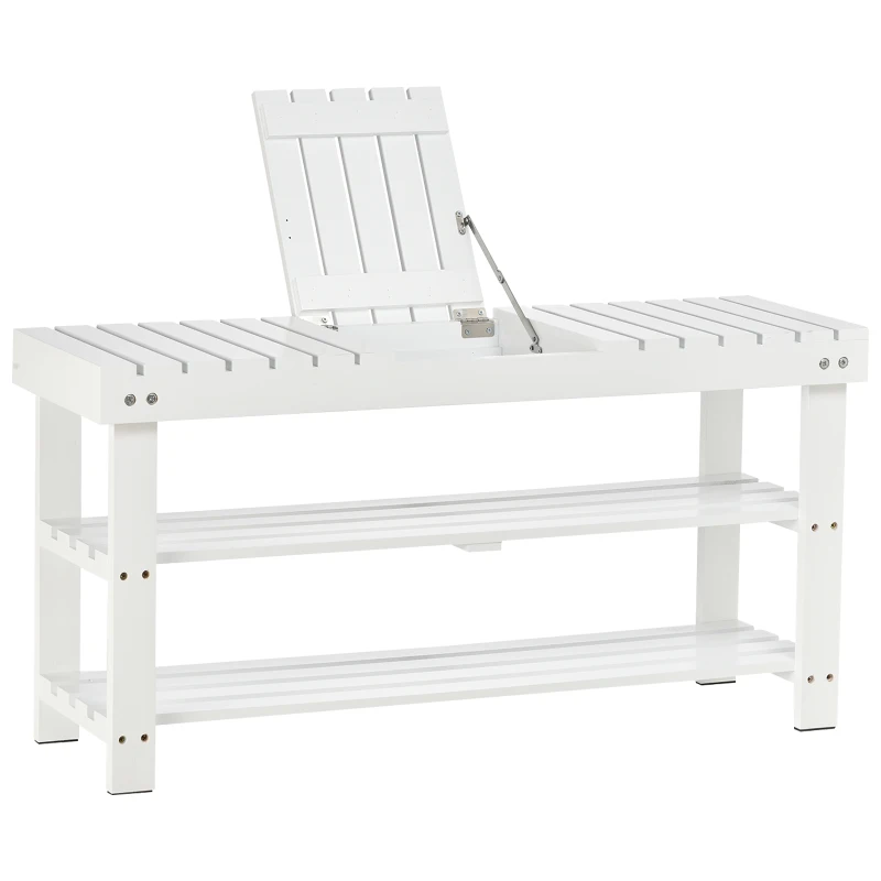 HOMCOM Banc à chaussures en bois à 3 niveaux avec étagère de rangement et compartiment caché, 90 x 29 x 45 cm, blanc