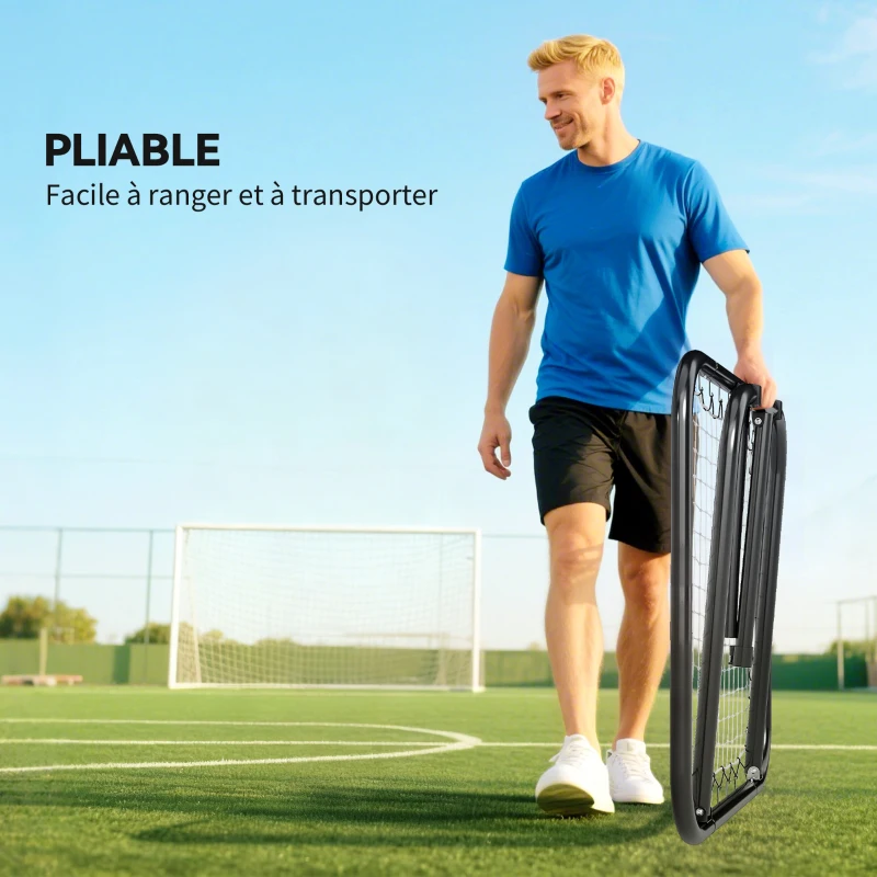 HOMCOM Filet de rebond de football rebondisseur de football ajustable pliable portable 4 piquets de fixations au sol filet de PE noir blanc 78 x 84 x 78 cm