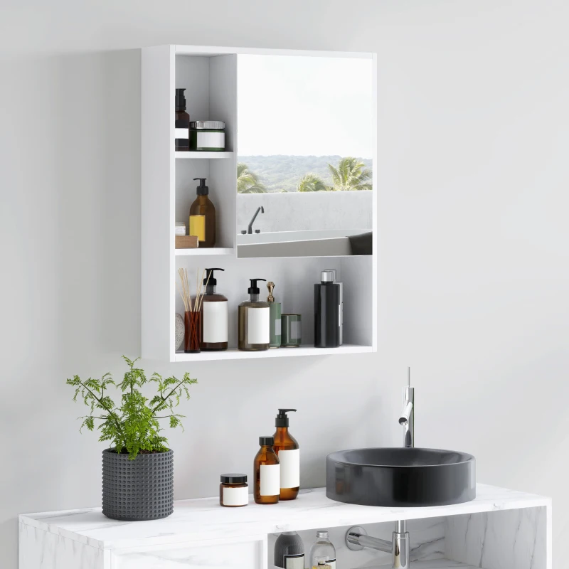 kleankin Armoire murale salle de bain avec miroir, meuble salle de bain, 5 compartiments et étagère réglable, 60x15x76cm, blanc