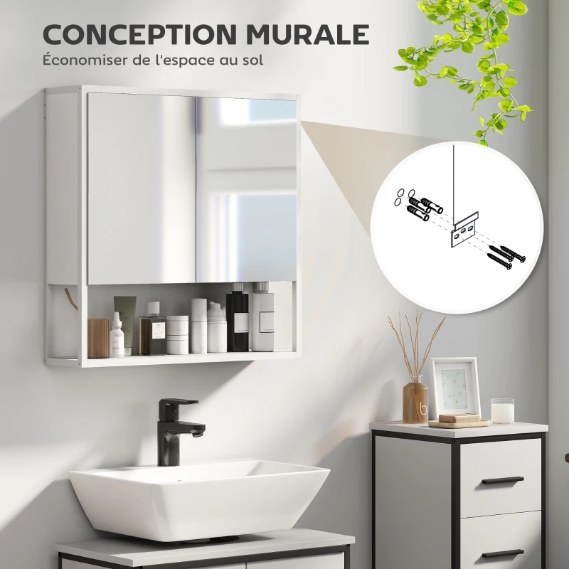 HOMCOM Armoire murale salle de bain avec miroir, meuble salle de bain, 2 portes miroir, étagère ouverte 60 x 16 x 60 cm blanc