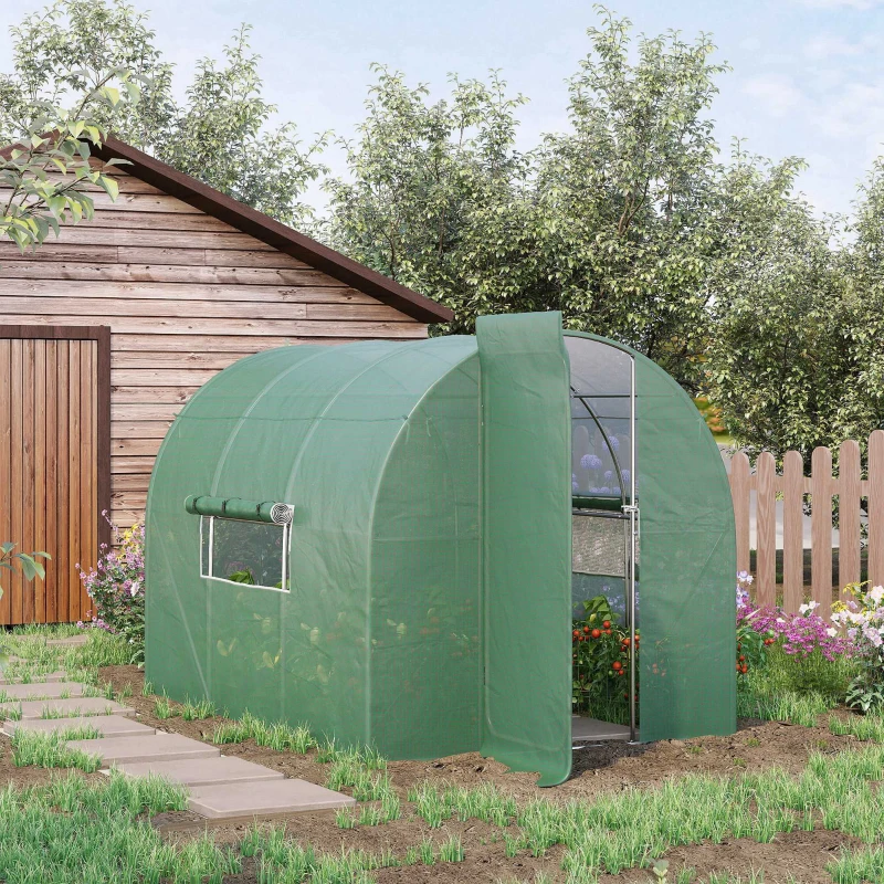 Outsunny Serre de Jardin Tunnel 6 m² Acier galvanisé renforcé diamètre 2,5 cm + PE Haute densité fenêtres Porte Vert