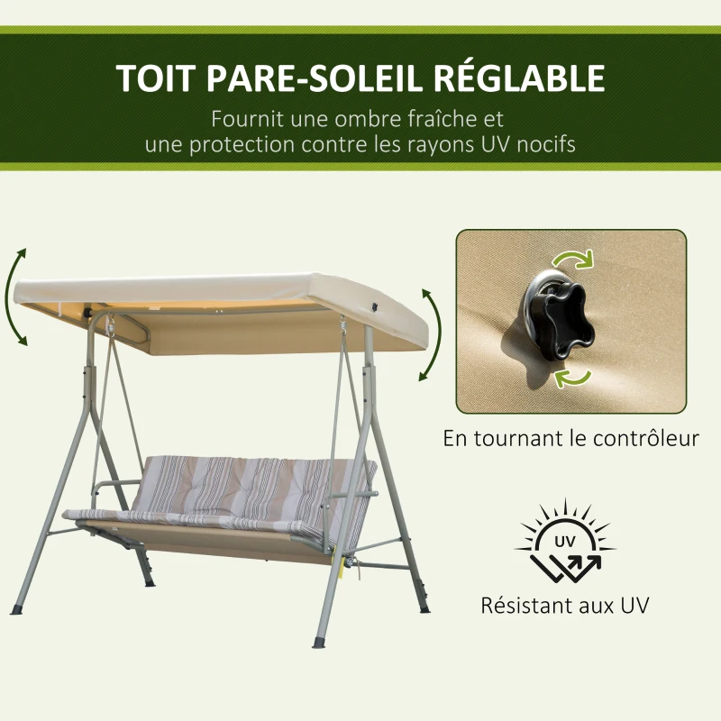 Outsunny Balancelle de Jardin 3 Places Grand Confort Toit Inclinaison réglable épais Coussins Amovibles Acier marron clair