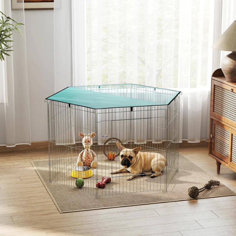 PawHut Recinto per cani pieghevole con 6 pannelli e tetto, 76 cm, Argento e Verde