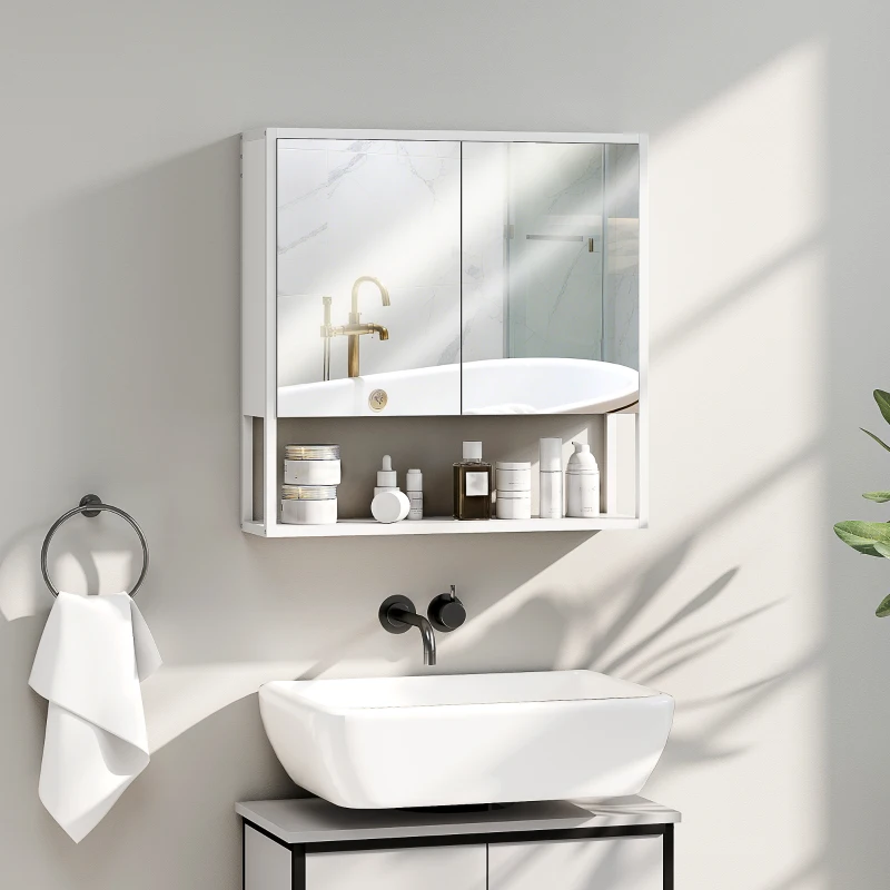 HOMCOM Armoire murale salle de bain avec miroir, meuble salle de bain, 2 portes miroir, étagère ouverte 60 x 16 x 60 cm blanc