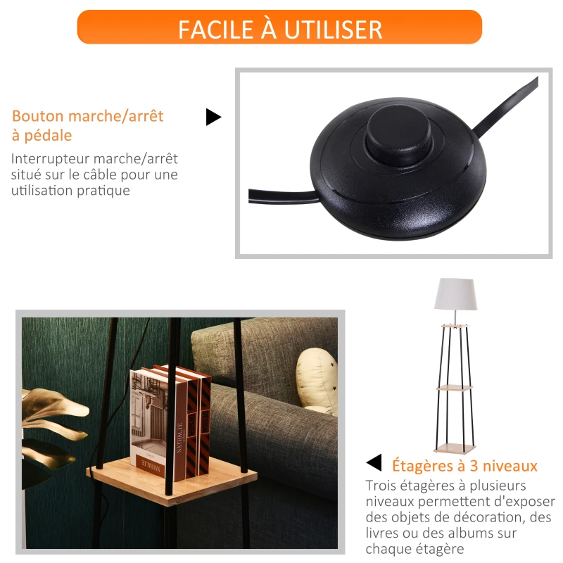 HOMCOM Lampadaire design contemporain dim. 40L x 40l x 160H cm 40 W max. 3 étagères intégrées bois massif pin métal noir lin beige