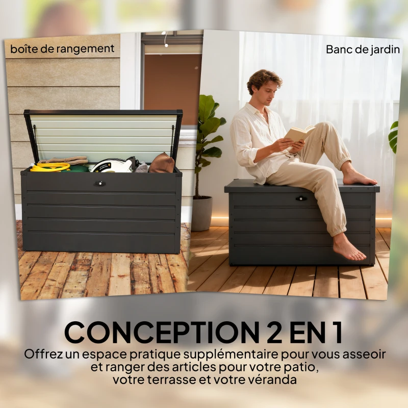 Outsunny Coffre de rangement exterieur XXL 311L coffre de jardin acier galvanisé verrouillable vérin à gaz 120x62x62cm gris foncé