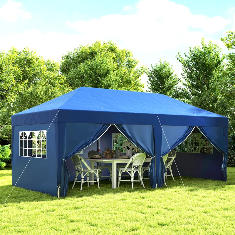 Outsunny Tonnelle de jardin exterieur tonnelle pliante 3 x 6 m avec 6 parois latérales, sac de transport inclus, bleu