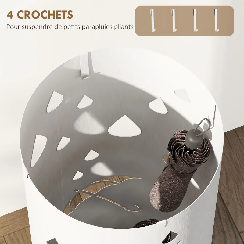 HOMCOM Porte parapluie cylindrique support pour parapluies bac d'égouttement amovible et 4 crochets, Ø 17 x 41 cm, blanc