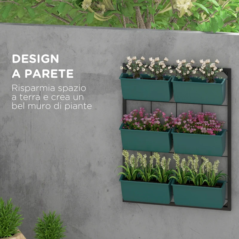 Outsunny Orto Verticale da Parete a 3 Livelli con 6 Vasi, in Acciaio e Plastica, 52x14x66 cm, Verde