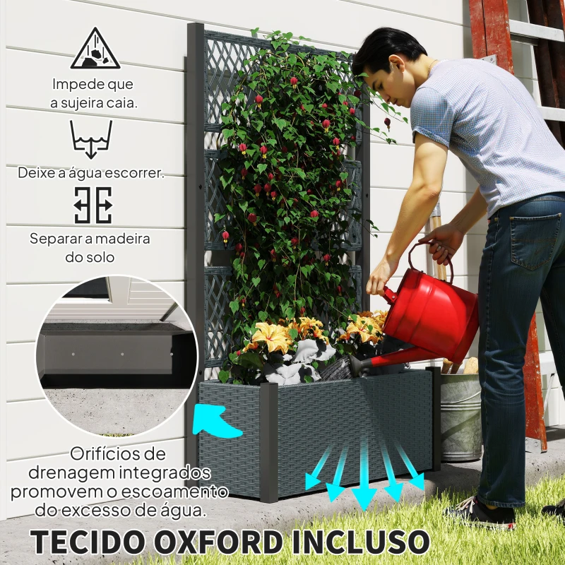 Outsunny Floreira com Treliça Floreira Exterior Grande para Plantas Trepadeiras Vaso com Forro 90x35x148 cm Cinzento Escuro