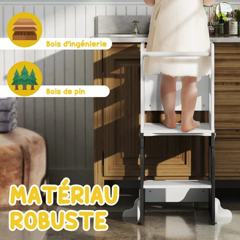 AIYAPLAY Tour d'observation enfant 4 en 1, tour d'apprentissage, hauts rebords de sécurité, tableau noir/blanc, 58x46x92cm, gris