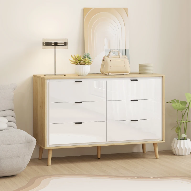 HOMCOM Commode 6 tiroirs, meuble de rangement à haute brillance, 5 pieds en bois, 110 x 40 x 75 cm, blanc et chêne