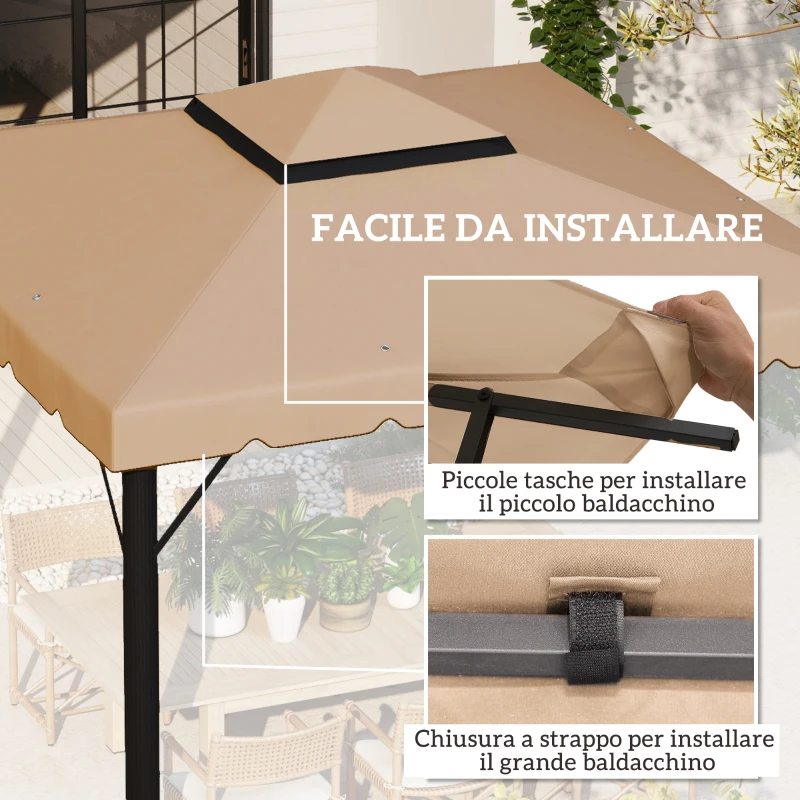 Outsunny Tetto per Gazebo 3x3 m a 2 Livelli con 8 Fori di Drenaggio in Poliestere Cachi