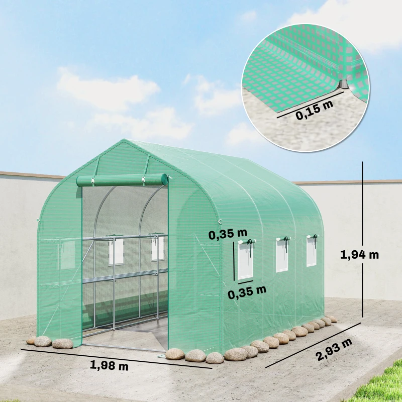 Outsunny Serre tunnel de jardin 6m², serre de jardin avec étagères, porte et 6 fenêtres, cadre en acier galvanisé, vert