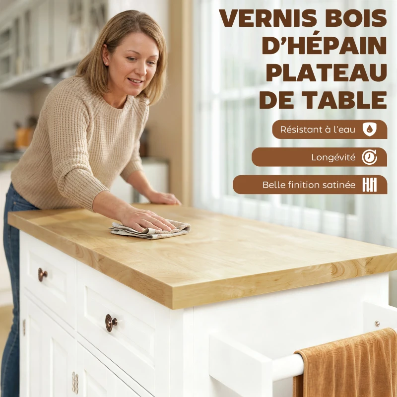 HOMCOM Desserte ilôt de cuisine multi rangements 2 tiroirs 2 placard 2 portes avec étagère range-bouteille porte-torchons et étagère réglable MDF blanc hévéa