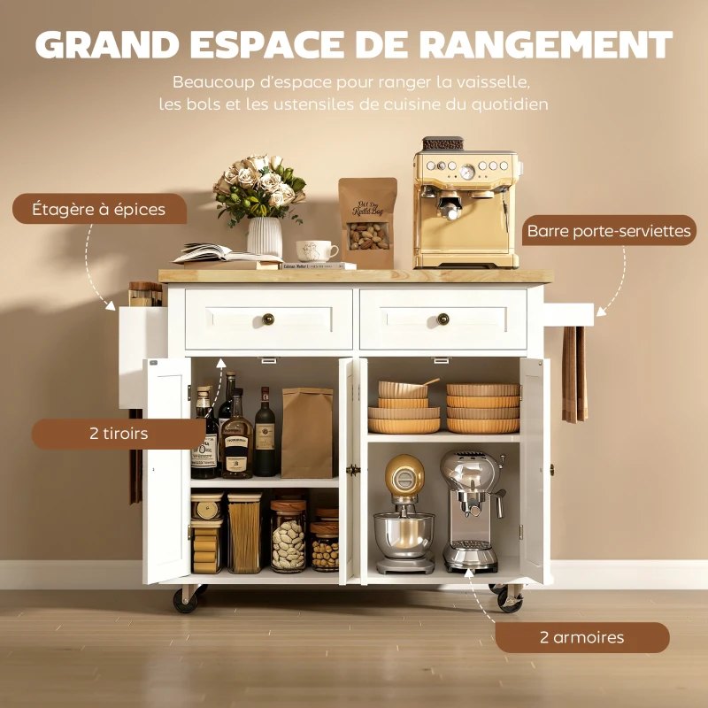 HOMCOM Desserte ilôt de cuisine multi rangements 2 tiroirs 2 placard 2 portes avec étagère range-bouteille porte-torchons et étagère réglable MDF blanc hévéa