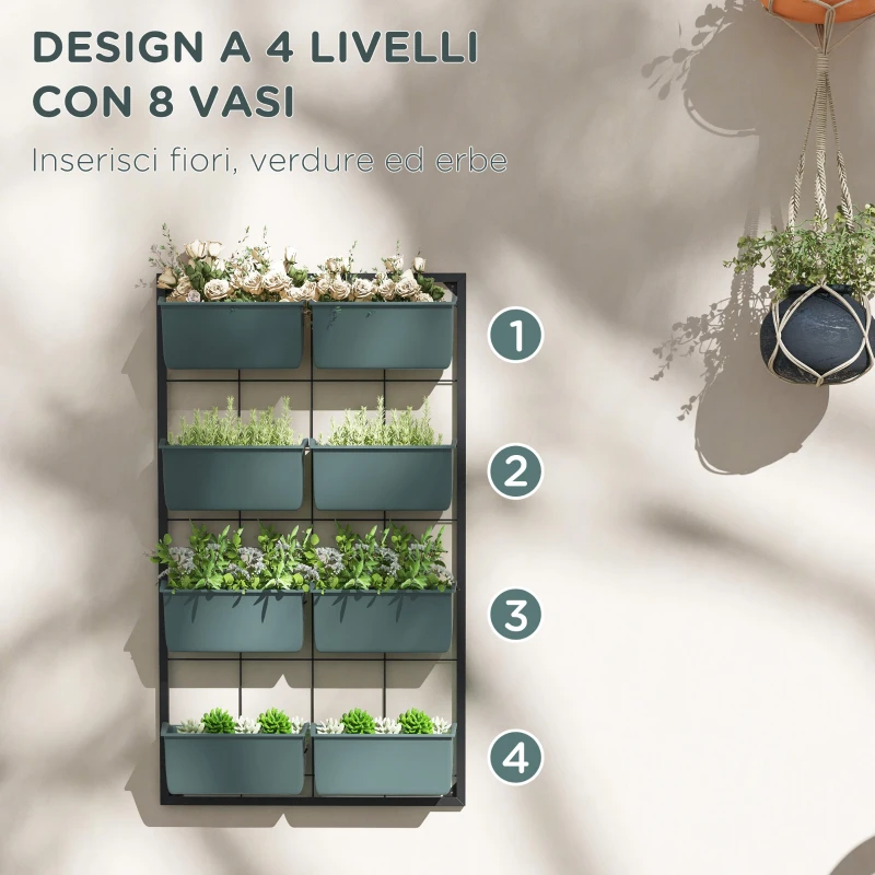 Outsunny Orto Verticale da Parete a 4 Livelli con 8 Vasi, in Acciaio e Plastica, 52x14x90 cm, Verde Scuro e Nero