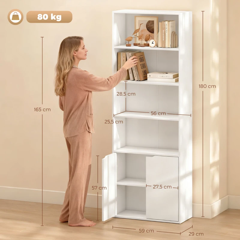 HOMCOM Bibliothèque Armoire à livres avec 4 compartiments ouverts et 2 portes pour le salon et le bureau 59x29x180 cm Blanc