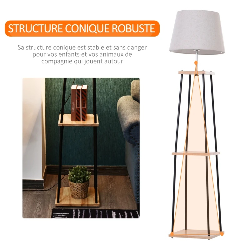 HOMCOM Lampadaire design contemporain dim. 40L x 40l x 160H cm 40 W max. 3 étagères intégrées bois massif pin métal noir lin beige