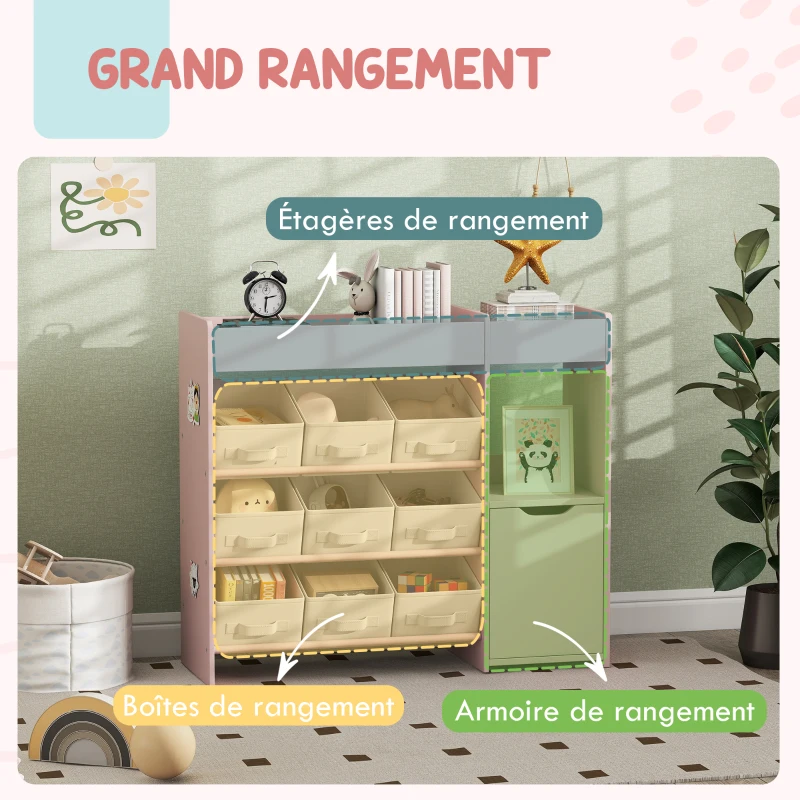 AIYAPLAY Meuble rangement enfant étagère de rangement pour jouets enfants avec 9 tiroirs en tissu et placard, rose