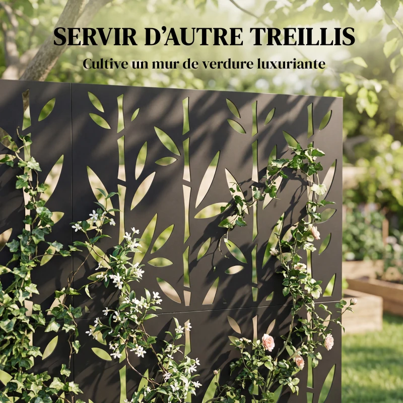 Outsunny Panneau Brise Vue décoratif Extérieur Claustra Décoratif Jardin 3 Panneaux à motif Bambou métal 92x40x192cm Noir
