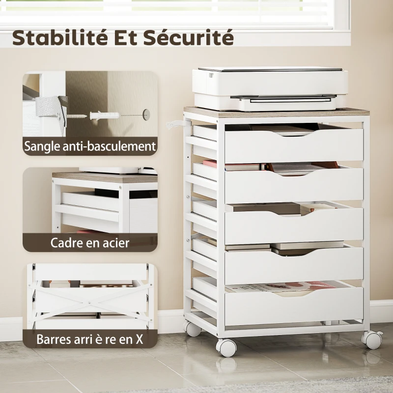 HOMCOM Caisson bureau mobile, meuble rangement sur roulettes bois avec 5 tiroirs, poignées encochées, 50 x 40 x 74,5 cm , blanc