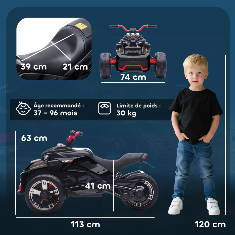 AIYAPLAY Quad électrique enfants voiture électrique enfants 12V 3 roues 2 moteurs lecteur MP3, klaxon, 2 vitesses 3-5 km/h noir
