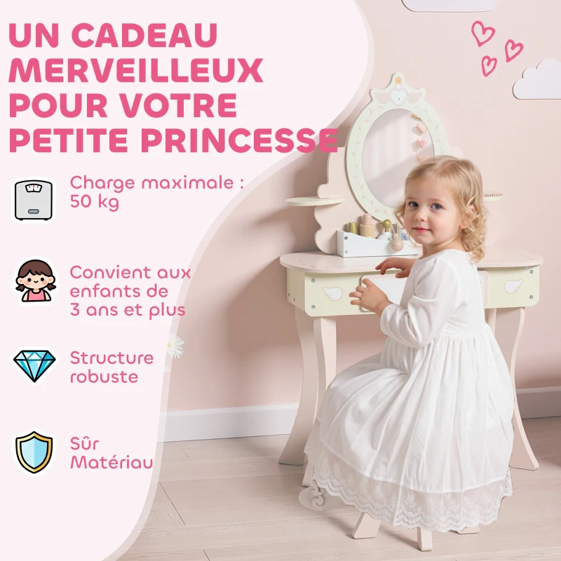 AIYAPLAY Coiffeuse enfant fille table de maquillage 2 en 1 avec 7 accessoires de jeu miroir en acrylique 59,8x29,6x89,8cm rose