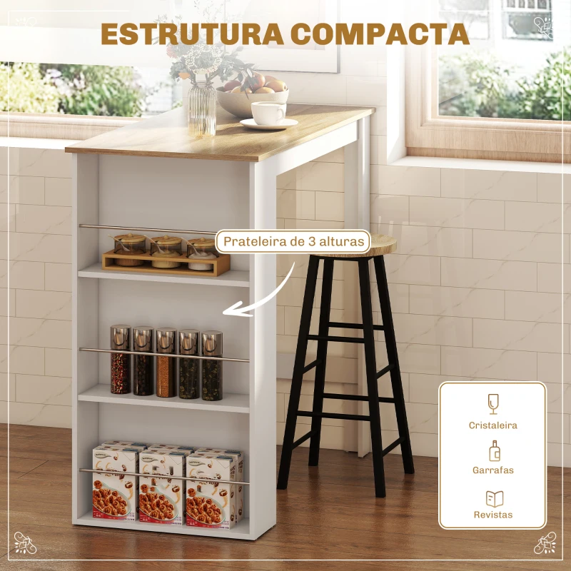 HOMCOM Mesa Alta Cozinha com 3 Prateleiras Mesa Bar para Cozinha e Sala de Jantar Branco 112x57x106 cm
