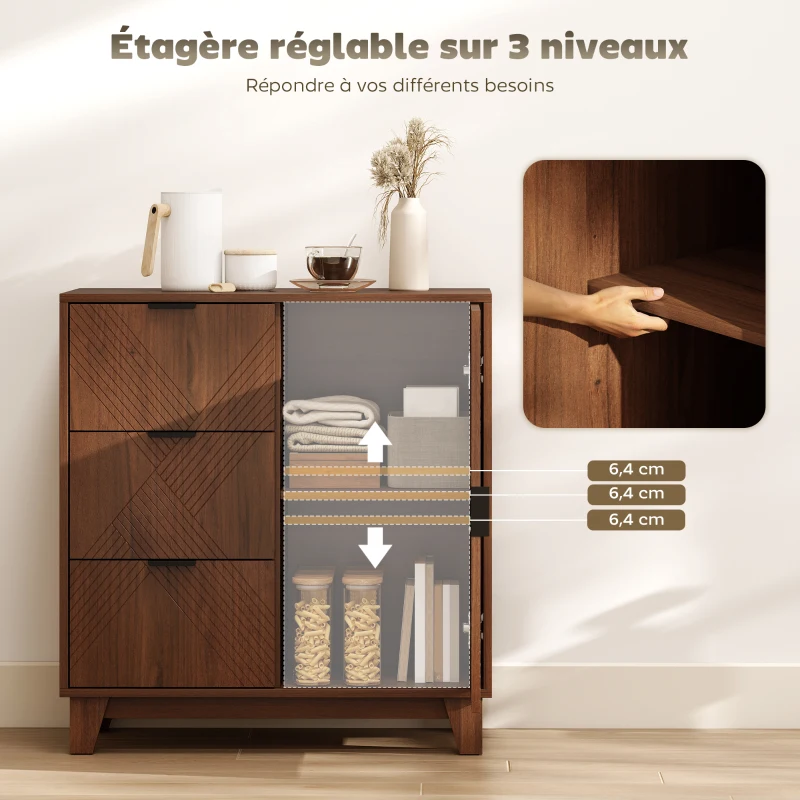 HOMCOM Buffet salon meuble de rangement avec placard à porte 3 tiroirs et étagère réglable 75 x 39 x 80 cm, effet bois marron(m-5)