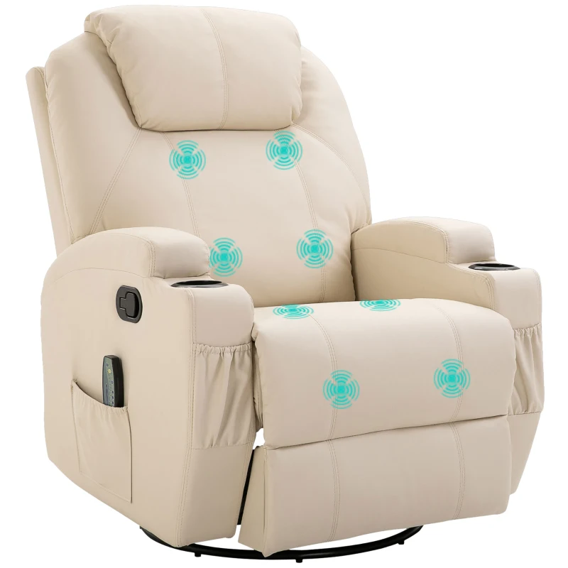 HOMCOM Fauteuil de massage inclinable, fauteuil de relaxation, dossier et repose-pieds réglable, 84 x 92 x 109 cm, crème