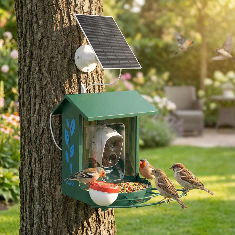 PawHut Mangeoire oiseaux avec caméra intelligente 2K coque acier anti-écureuil panneau solaire 30 x 34,5 x 26,3 cm vert
