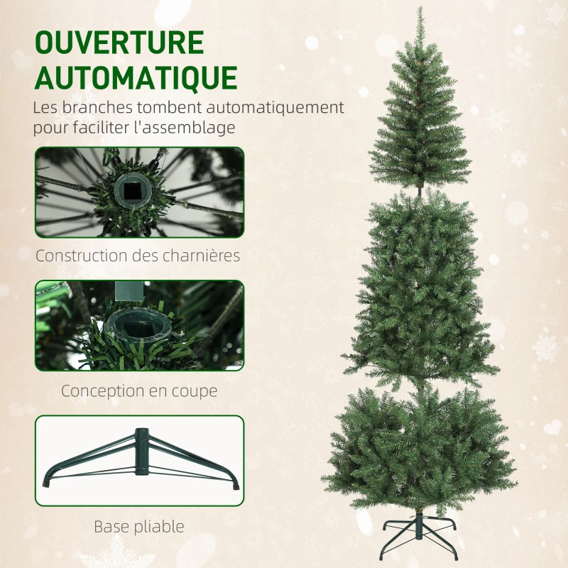 HOMCOM Sapin de Noël artificiel 210 cm, arbre de Noël fin avec 350 lumières, 1273 pointes, support en métal pliable, vert