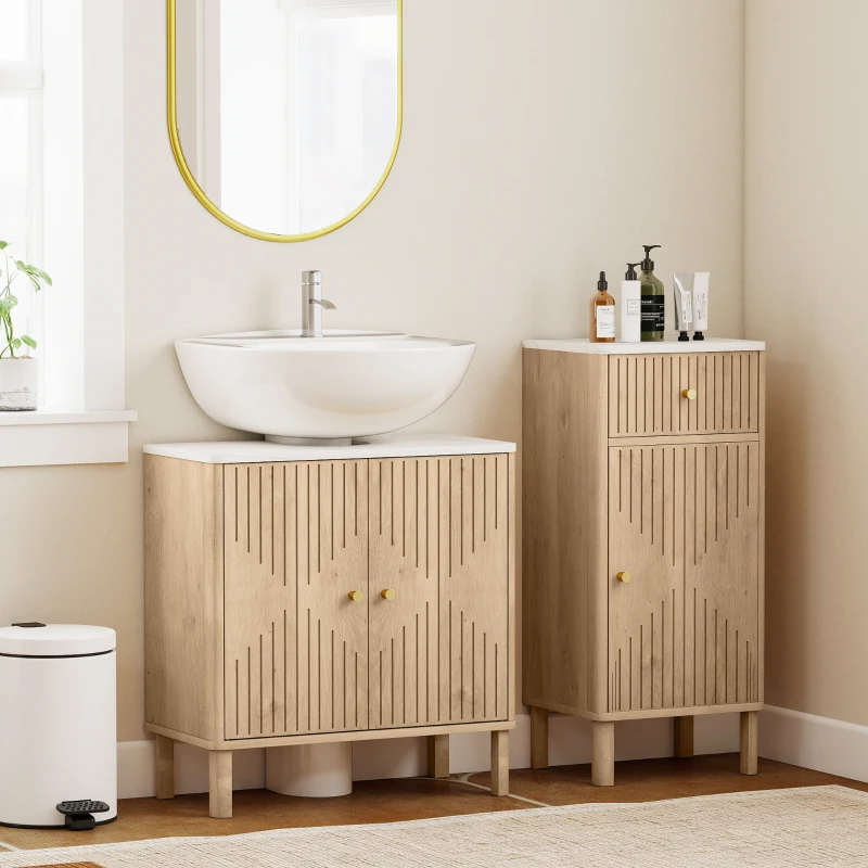 HOMCOM Meuble sous lavabo meuble de salle de bain sous vasque étagère réglable plan de toilette effet marbre 60x30x63cm chêne